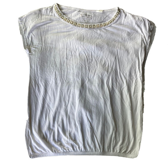 Chico's Tops - By Chico's Tee Top Blouse Sz 0/Small Beaded Neckline Casual White Summer Elastic